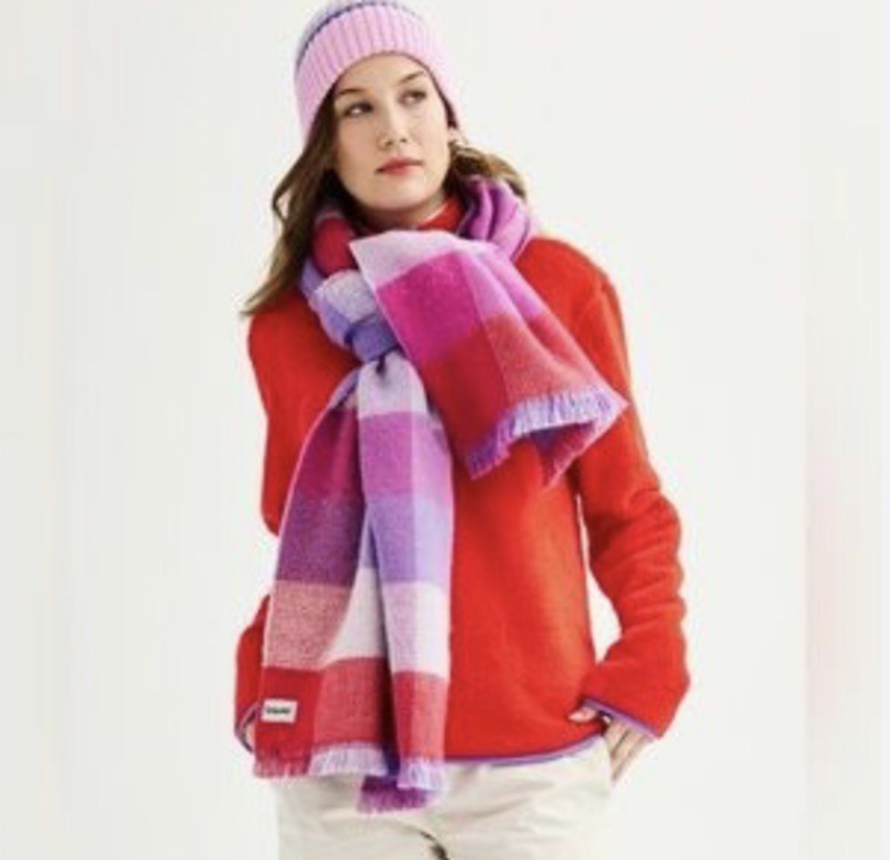 NWT Crayola Kohl's Blanket Scarf Pink Red Purple Plaid Fringed Edges 74"x24"